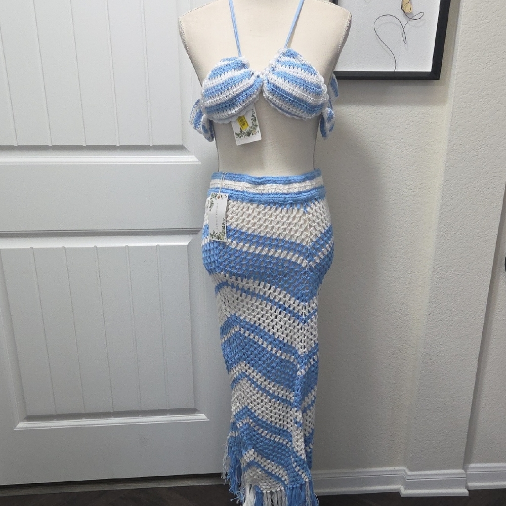 Chelsea & Violet Sky Blue and Cream Crochet Skirt Set